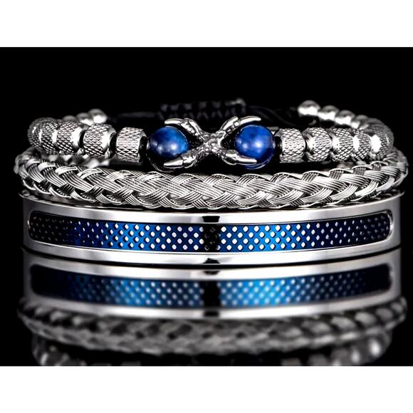 Unisex 3 pc SS Symmetrical Claw Bracelet Set Beaded Blue - Picture 2 of 5
